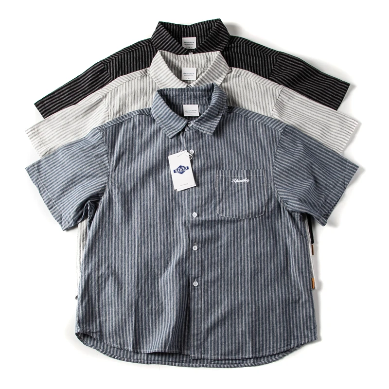 

Retro Japanese Embroidered Short Sleeve Men's Striped Shirt Casual Loose Couple Cotton T-Shirt Open Cardigan Half Sleeve Jacket