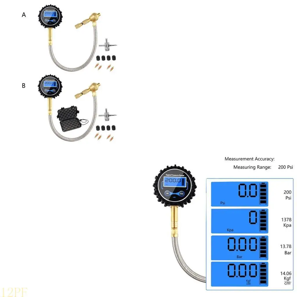 12PF Digital Tire Pressure Gauge 0-200PSI Calibrated to Accuracy of 0.1 4 Settings Compatible for w/ Car SUV RV Truck Motorcy