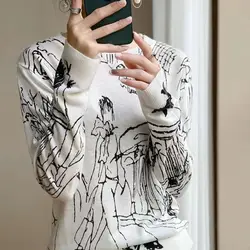 Four Seasons Women's Long-Sleeve New Round Neck Stitching Pullover T-Shirt Sweater Casual Top Korean Version Wool Short-Sleeve