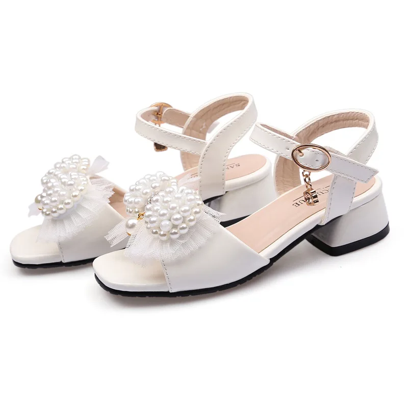 2024 Teens Children\'s Shoes Girls\'Sandals Summer Bright Leather White Pearl Thick Heel Crystal Princess Shoes New 6 8 12 Years