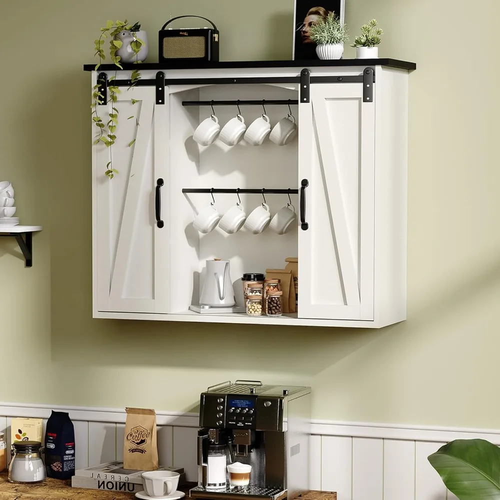 

Farmhouse Coffee Bar with Storage, Floating Kitchen Wall Cabinet with 6 Hooks for Wall, Wall Mount Cabinet with Barn Door