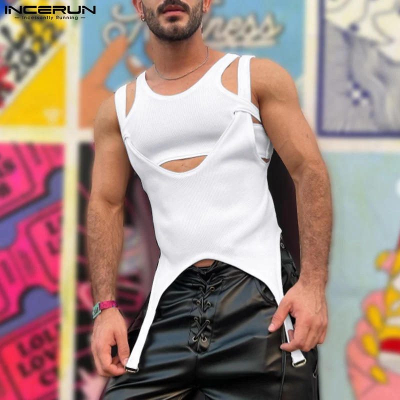 Men Irregular Tank Tops Solid O-neck Sleeveless Hollow Out Male Vests Streetwear Summer 2024 Casual Men Clothing S-5XL INCERUN