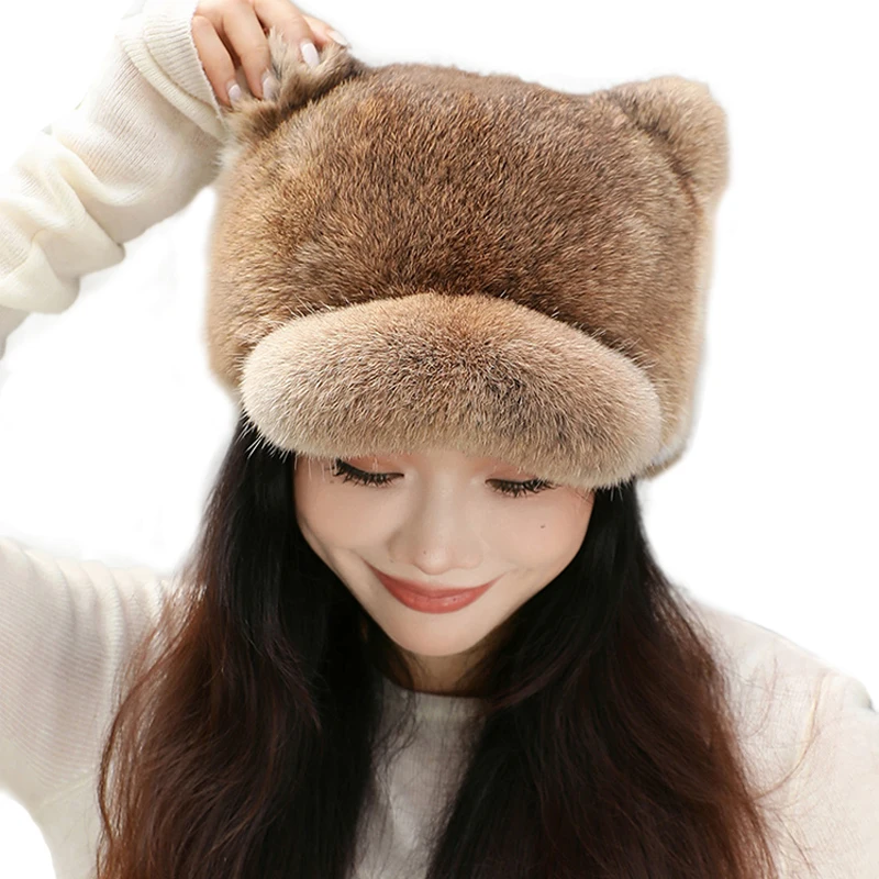 

Women Trapper Bomber Hats Russian Ushanka Warm Winter Rabbit Fur Earflap Hat Outdoor Sports Skiing Hunting Plush Cap