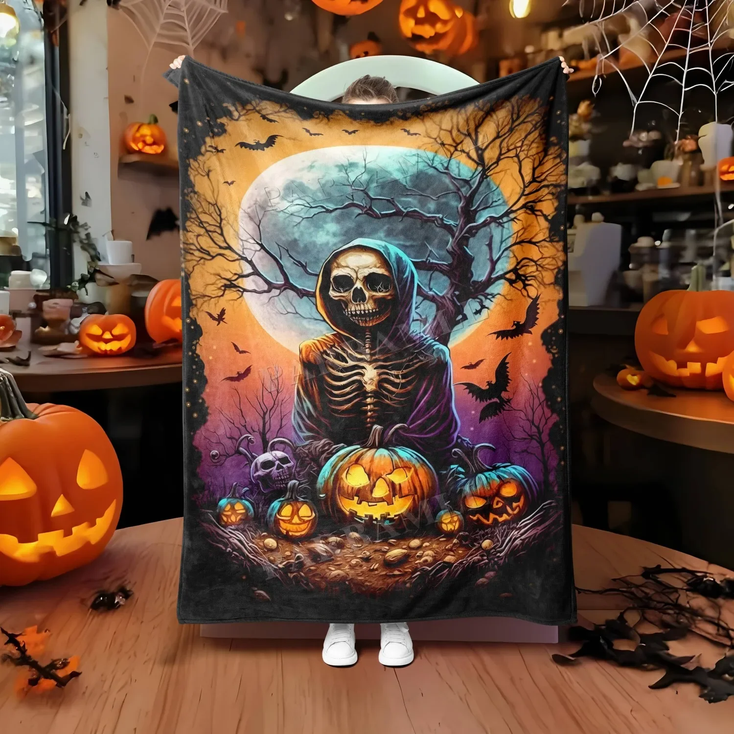 

Halloween Throw Blanket Skeleton Pumpkin Skull Ghost Bats Thin Blanket for Couch Bed Car Home Camping All Season Use Gift