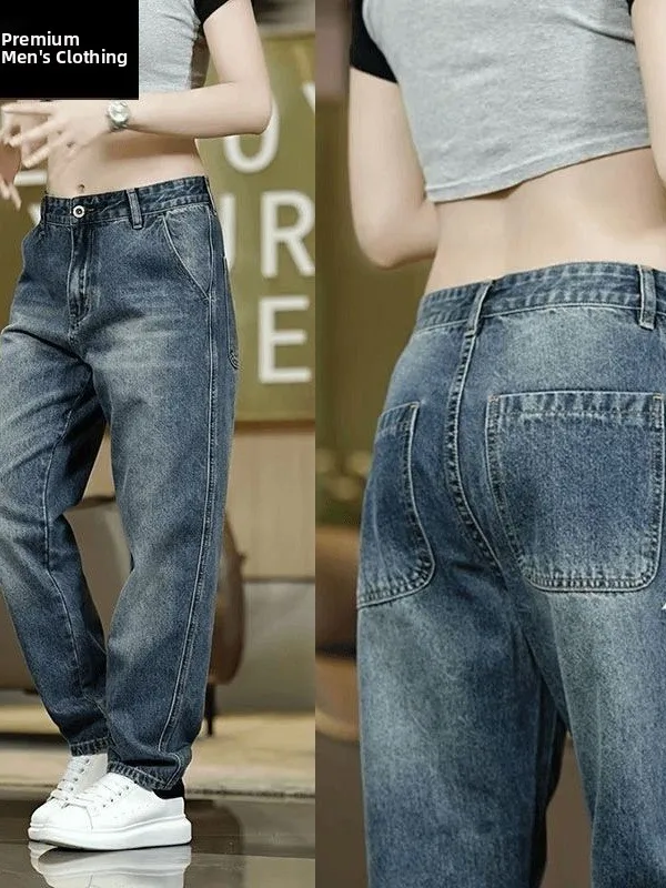 

Retro American Denim Jeans Men's Dirt Resistant Workwear Patched Straight Leg Pants Warm Wear Resistant Heat Proof Work Trousers