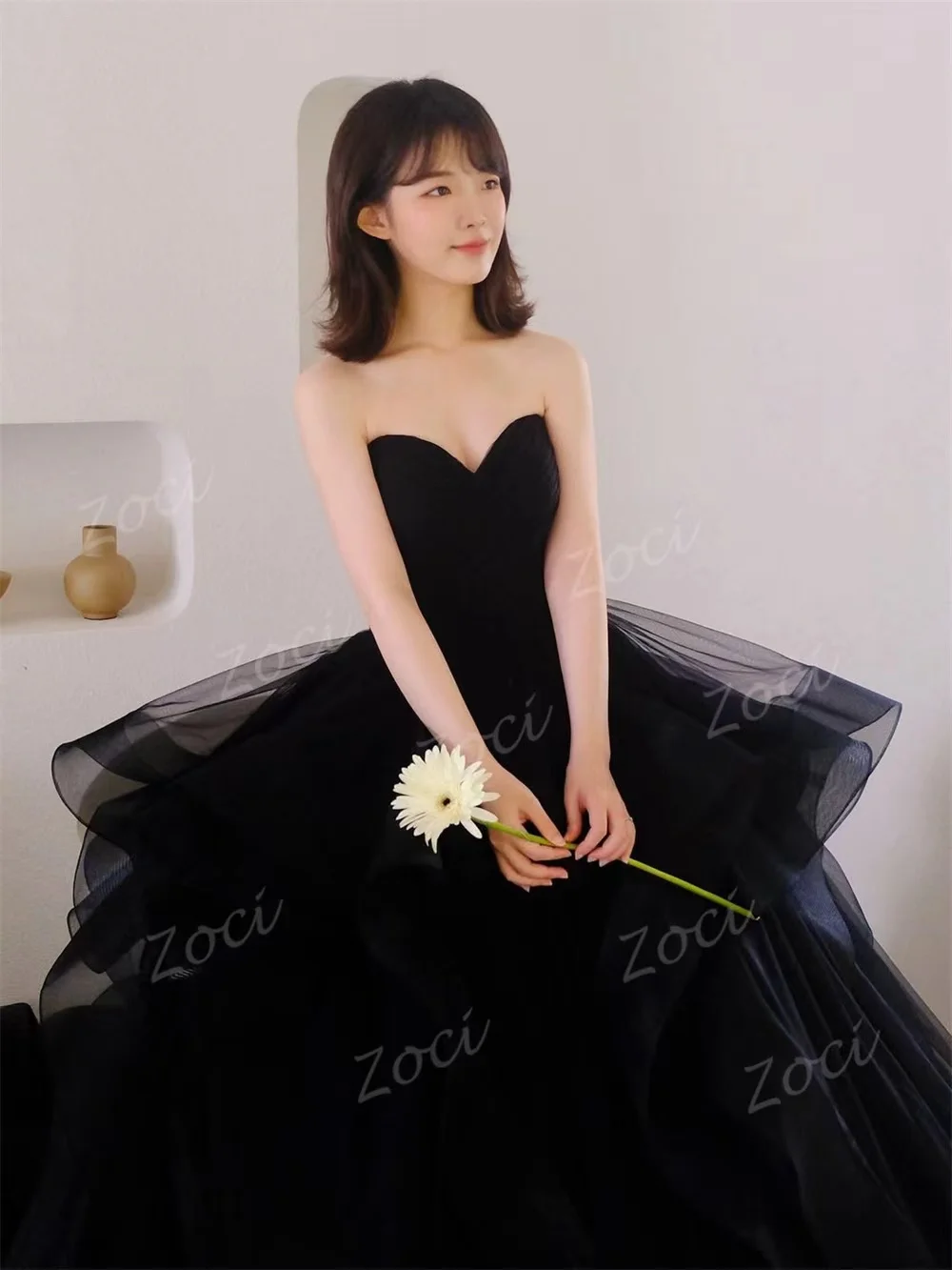 Zoci fada tule querida preto coreia vestidos de casamento personalizado em camadas sem mangas recepção de casamento fotos sessão vestido de festa