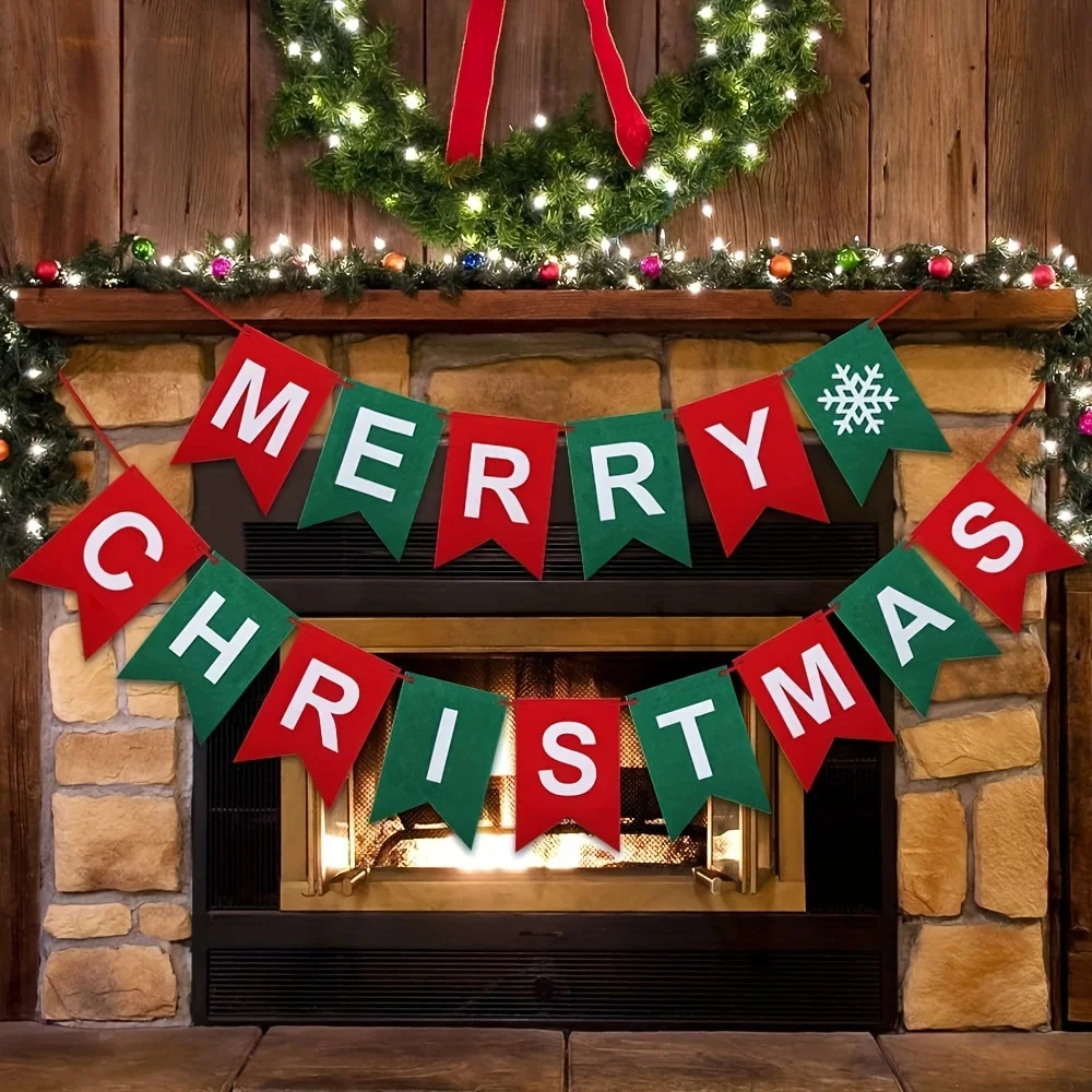 Felt Merry Christmas Banner, Christmas Decor Banner Pull Flag, Christmas Party Decor Supplies, Christmas Home Decor Wall Decor