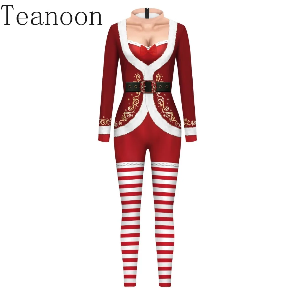 Mono rojo de Papá Noel para mujer, traje de Cosplay de Navidad, body ajustado, traje Zentai de fiesta, Catsuit de impresión 3D para adultos, mamelucos de Spandex