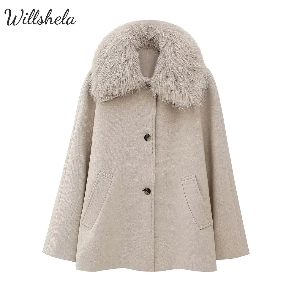 Willshela-Manteau en laine chaud pour femme avec col en fausse fourrure, veste décontractée chic pour femme, mode automne et hiver