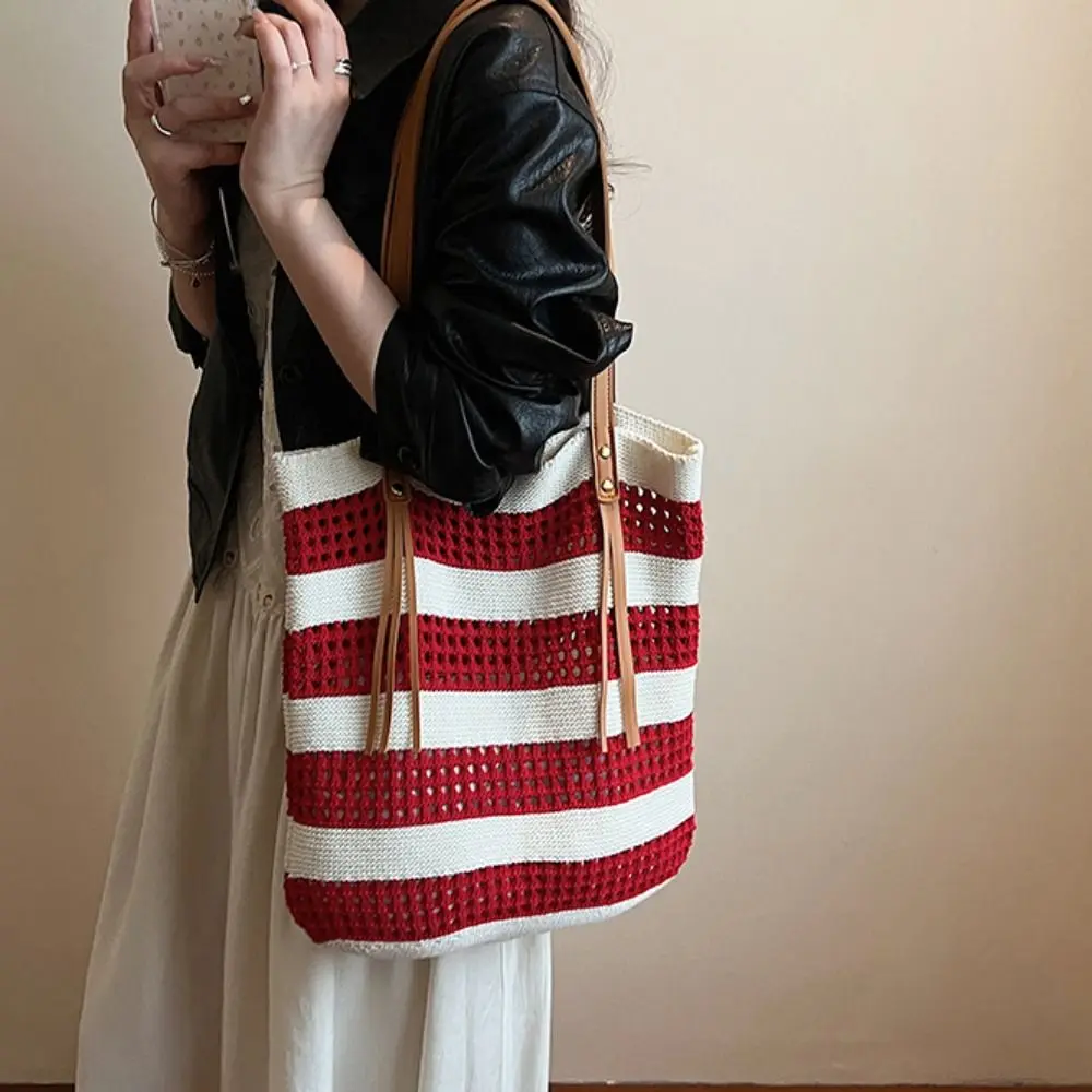

Large Capacity Hollow Weave Tote Bag Contrast Color Simple Bohemian Shoulder Bag Fashion Handbag Summer Beach Straw Handbag
