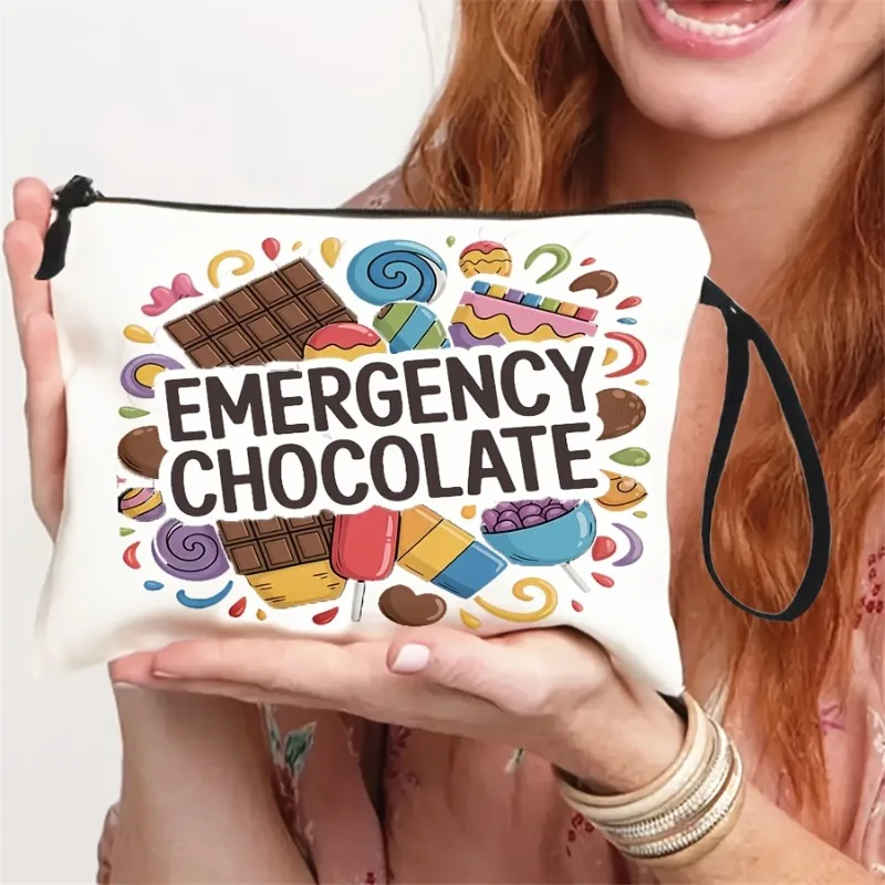 Emergency Makeup Bag with Wristband - Lightweight Portable Chocolate-Themed Cosmetic Organizer with Zipper Closure, Multi-Functi