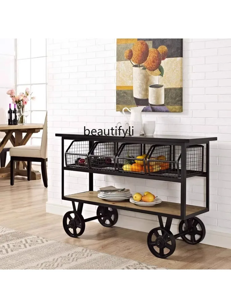 American-Style Iron Solid Wood Vintage Dining Car Trolley with Wheels Dining Tray Cart Hotel Drinks Trolley Sideboard Cabinet