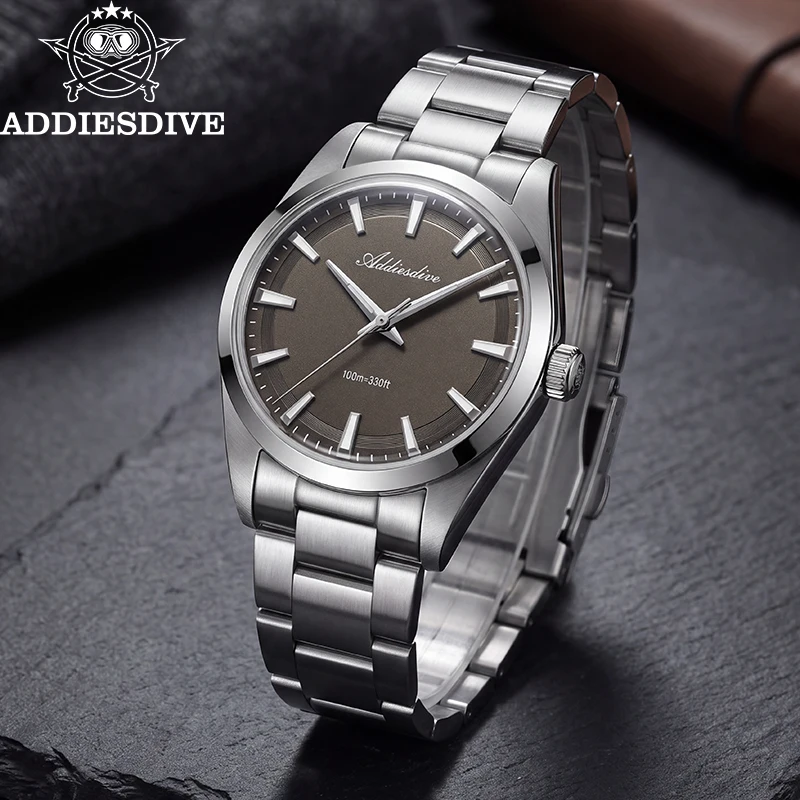 ADDIESDIVE  Hot Sale Men Sports Dive Wristwatch 36mm Bubble Mirror Pot Cover Glass 10Bar Waterproof Simple Steel Quartz Watch AD2066