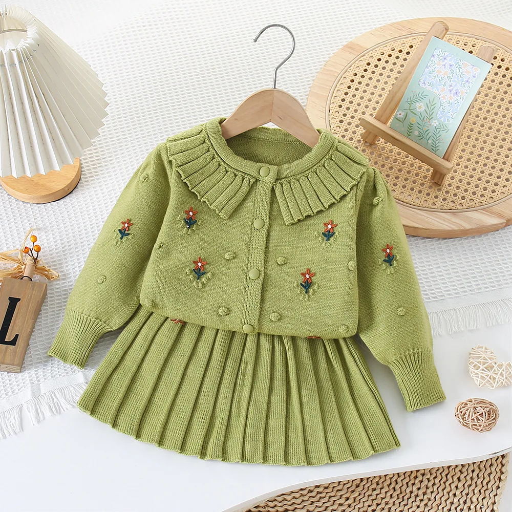 

Girls Knitted Clothes Sets Spring Autumn Children Woolen Jersey Sweaters Coats Skirts 2pcs Dress Suit For Baby Party Outfit Kids