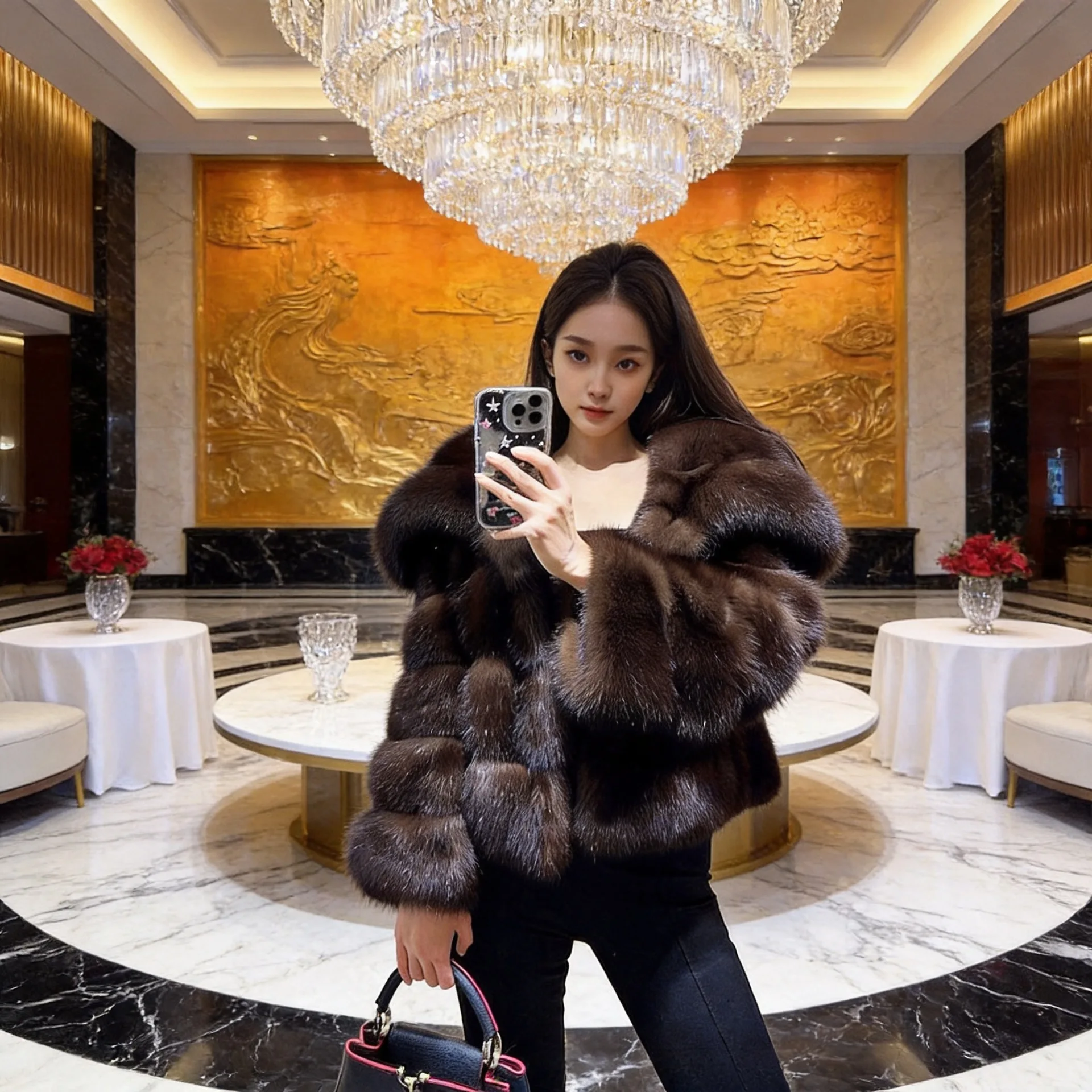 Imitation Fur Russian Sable Pit Strip Large Lapel Long Sleeve Autumn-Winter Fashionable Warm Cropped Women's Street Coat