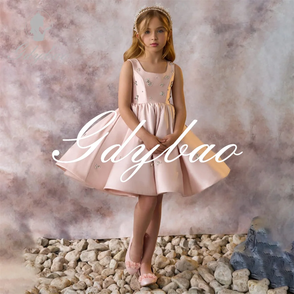

Square Neck Crystals Sleeveless Short Princess Flower Girl Dress Mini Length Classic Luxury First Communion Dress Customized