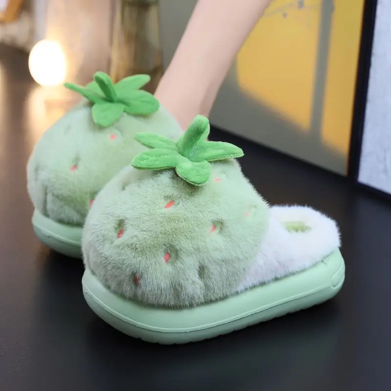 Newest 2026 Creative Strawberry Fur Slippers with Stem Ladies Platfrom EVA Plush Slides Shoes for Women Brand Plush Slippers