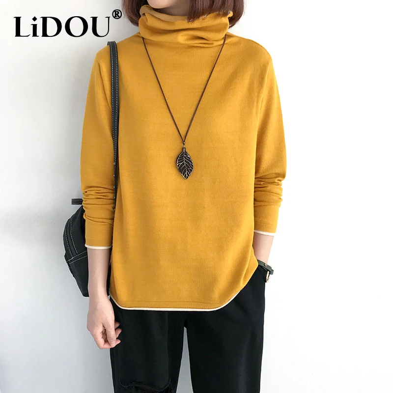 

2023 Autumn Winter Solid Color Fashion Turtleneck Long Sleeve T-Shirts Women Casual Loose Warm Comfortable All-match Pullovers