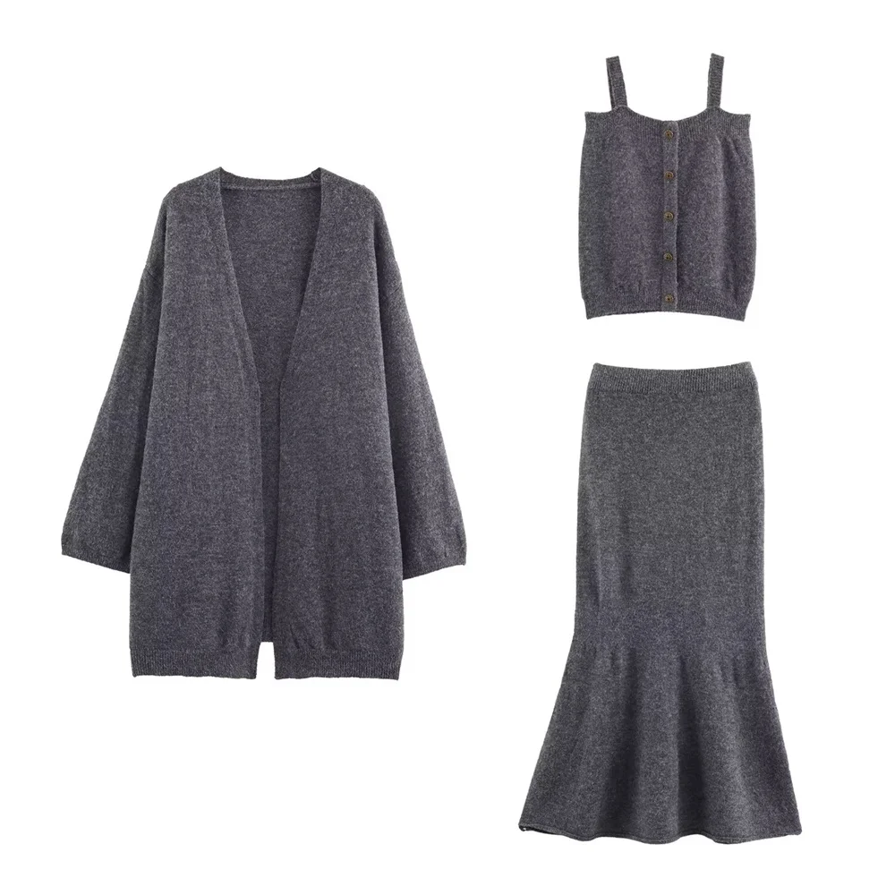 Otoño nueva ropa de mujer estilo europeo y americano moda simple chaqueta de punto chaleco falda de cola de pez conjunto de tres piezas