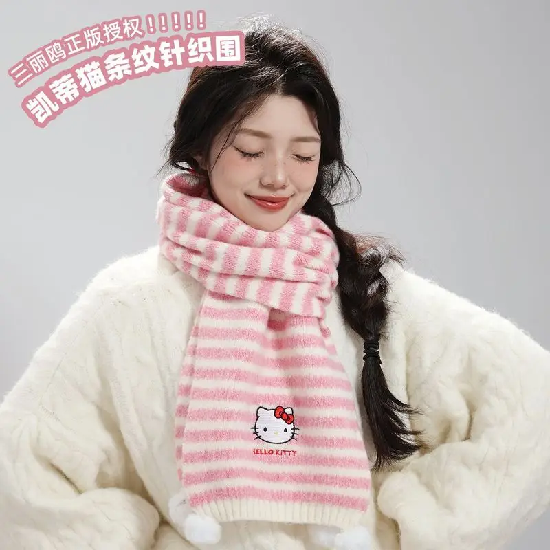 

Милый вязаный шарф Hello Kitty в полоску для женщин | Осенне-зимний утолщенный теплый универсальный теплый модный аксессуар для шеи, подарки