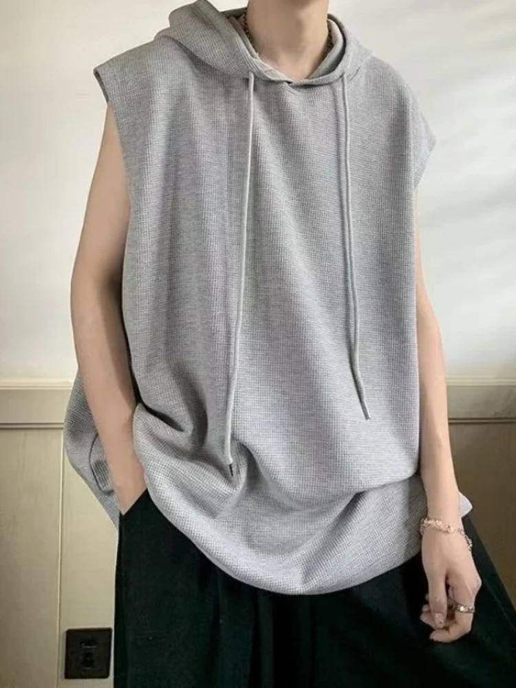Hooded Vests Men Solid Simple American High Street Baggy Sleeveless Teens Summer Breathable Korean Fashion Ins Y2k Tops BF Chic