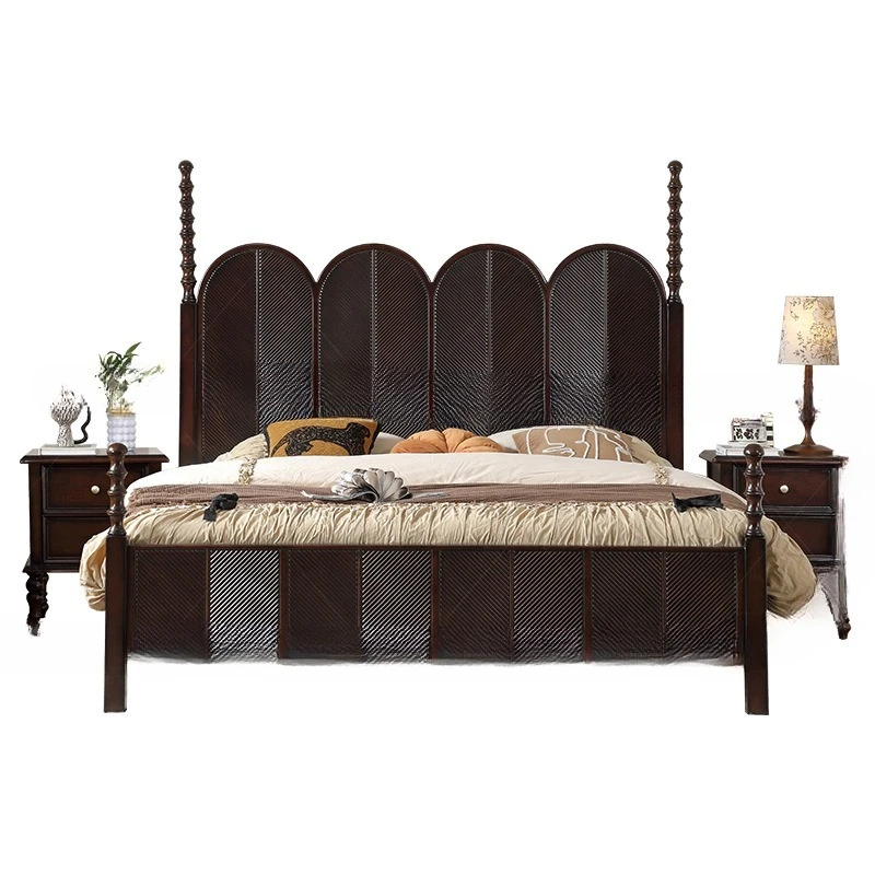 

Retro solid wood antique master bedroom 1.8 meters large bed simple carved double bed