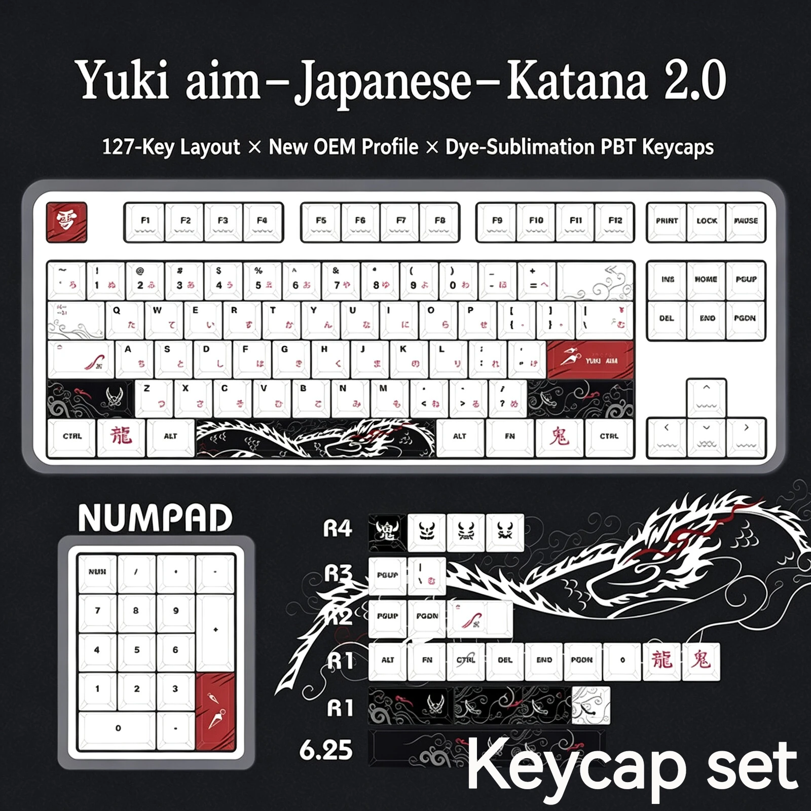 yuki aim Themed PBT Keycaps 127 Keys Cherry Profile Dye Sublimation Backlit Keycap Set Universal MX Stem for Mechanical Keyboard