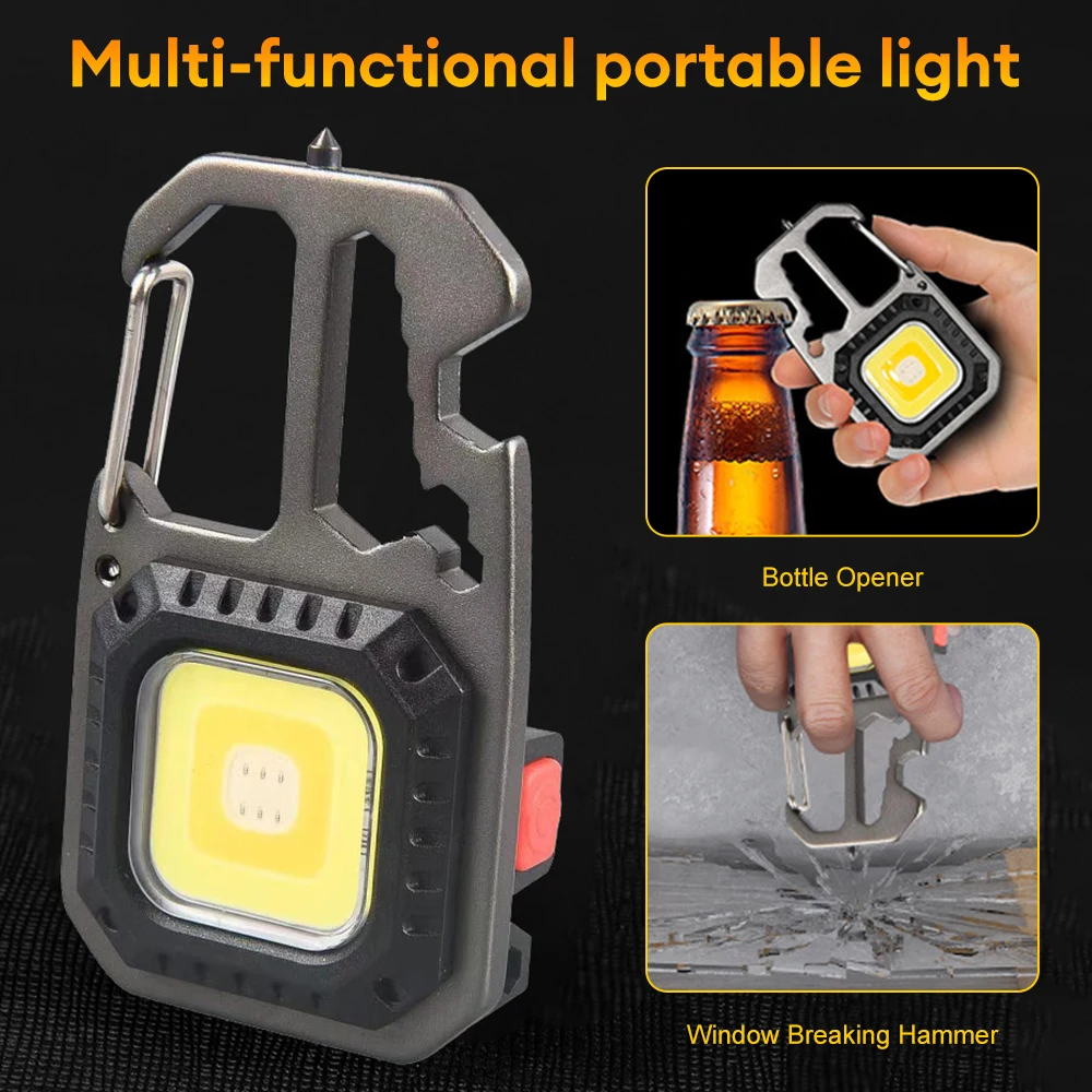 LED Portable Keychain Flashlight Outdoor Camping COB Work Light Emergency Lighting With Window Hammer Bottle Opener Lamp