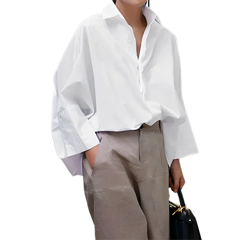 Yeezzi Office Lady Korean Fashion Black White Long Sleeves Lapel Blouses 2024 New Spring Autumn Loose Simple Causal Shirts Tops