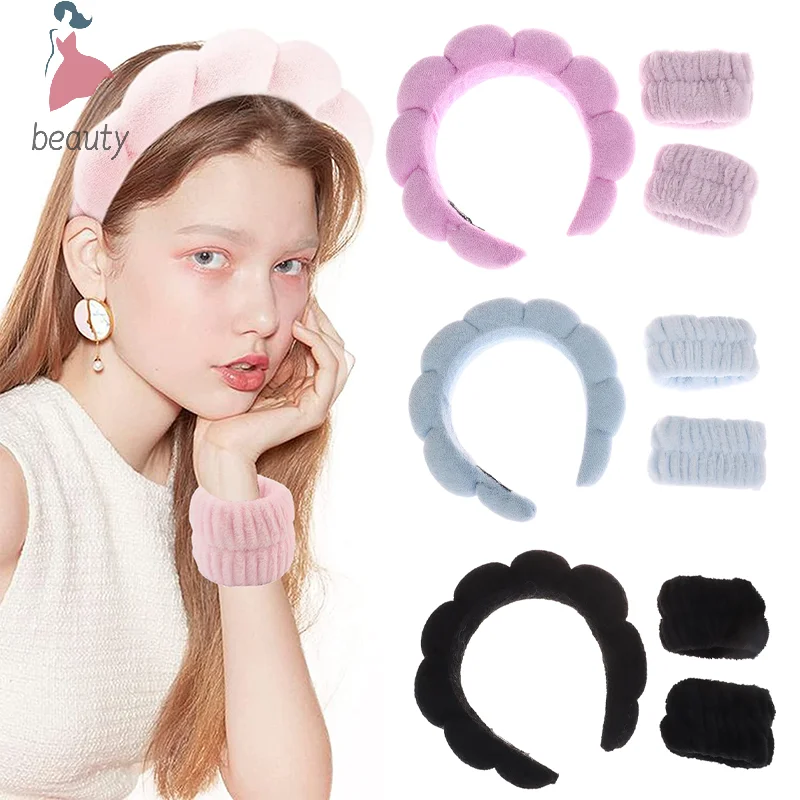 3pcs Spa Headband For Washing Face Wristband Set Sponge Makeup Headband Wrist Towels Bubble Hairband For Women Hair Accessories