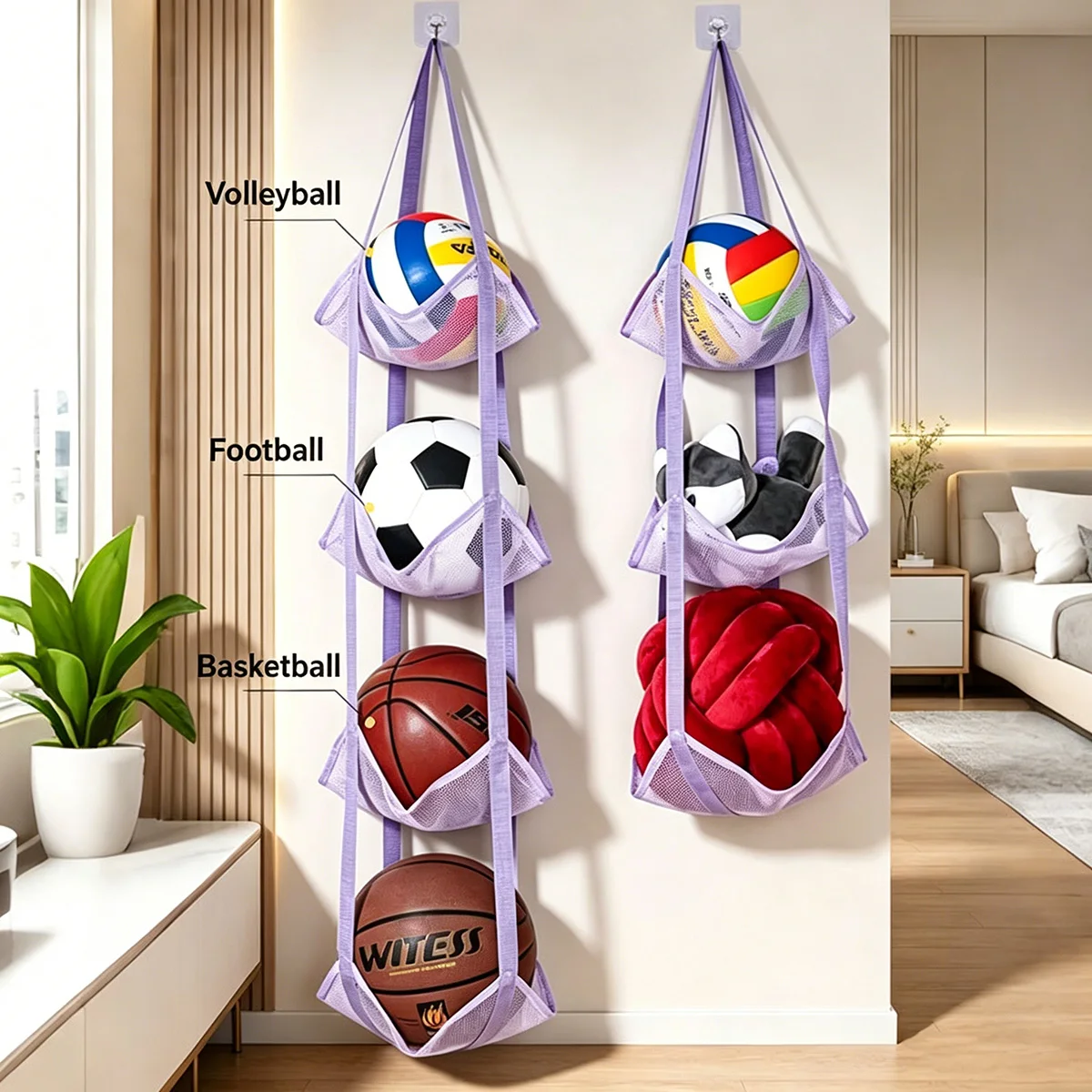 3/4 Tier Hanging Ball Storage Bag with Hooks, Mesh Sports Equipment Organizer for Basketball Football Volleyball, Over Door Wall