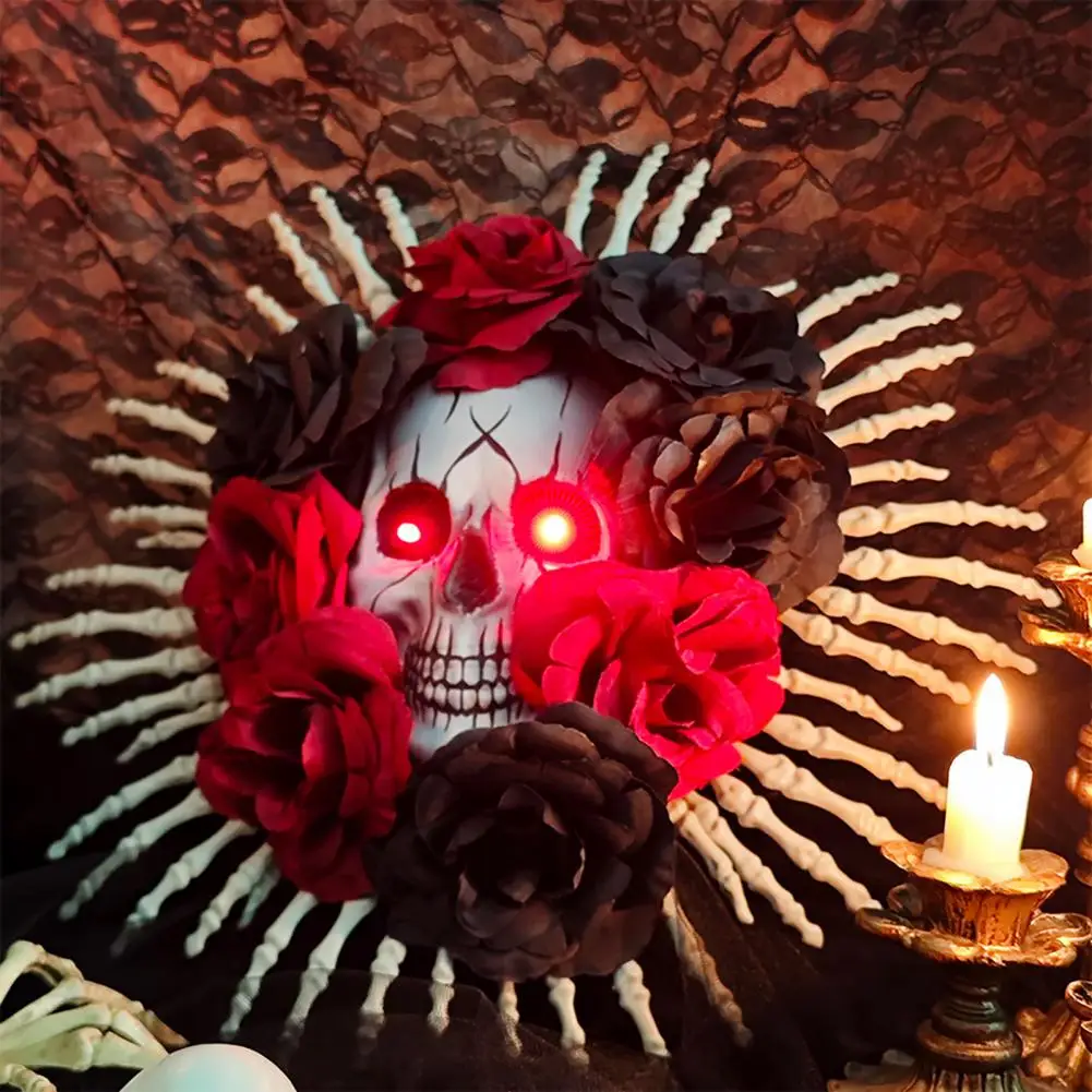 Rose Door Decor for Home Halloween Skull Wreath for Front Door Skeleton Hands Decoration Black Rose Halloween Ornament Spooky