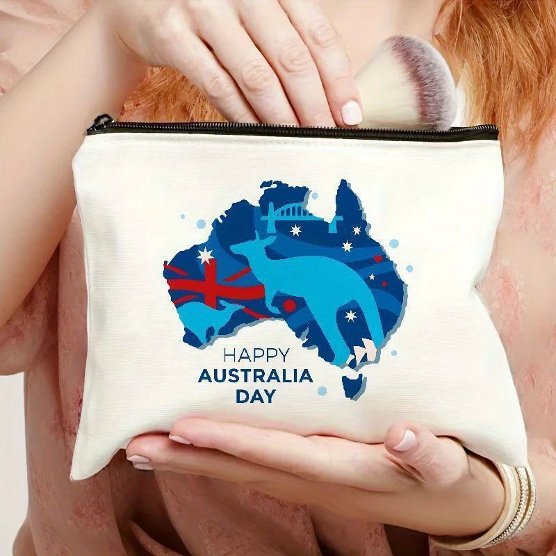 Happy Australia Day Makeup Organizer Pouch with Kangaroo & Map Design, Lightweight Zippered Storage Bag for Cosmeti