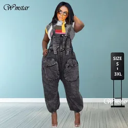 Wmstar Femmes Combinaison S-3xl Denim Cargo Une Pièce Tenues Jambe Large Noir Mode Streetwear Nouvelle Barboteuse En Gros Dropshipping