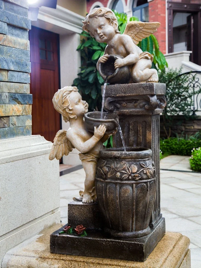 European style angel fountain landscape, outdoor flowing water decorations, entering the home, garden layout, courtyard