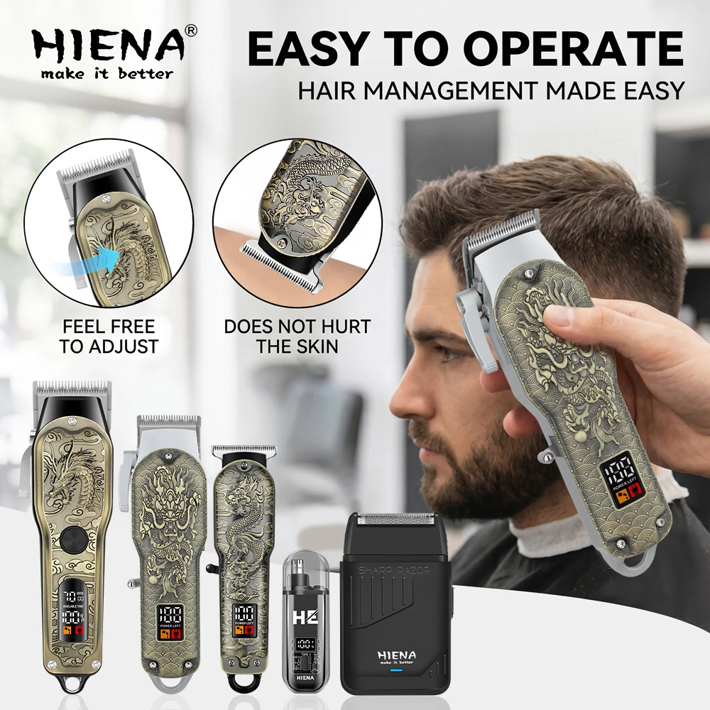 HIENA 5pcs Professional Hair Clippers for Men, Cordless Barber Clippers with Precision Trimmer and Dual Foil Shaver,LED Display, Electric Hair Cutting Machine, Men’s Grooming Kit, Gift for Him (Bronze) view 5