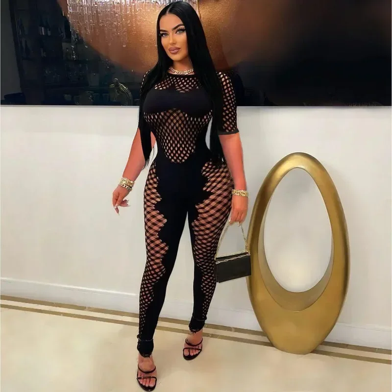 

Short Sleeve Women Black Mesh Hollow Out O-neck Rompers Jumpsuits 2024 Summer Night Club Party One Piece Sexy Outfits