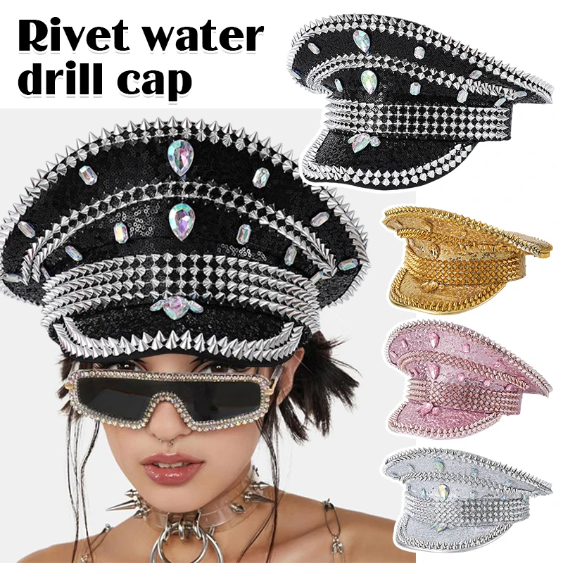 

Women Bride Captain Hat Fashion Luxury Rhinestone Military Cap Sergeant Bridal Hat Hen Do Hat Festival Birthday Party Hat