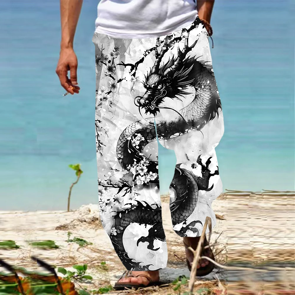 Men's Trousers Dragon Animal Pattern Hawaiian Pants Beach Pants Drawstring Elastic Waist 3D Print Graphic Prints Comfort