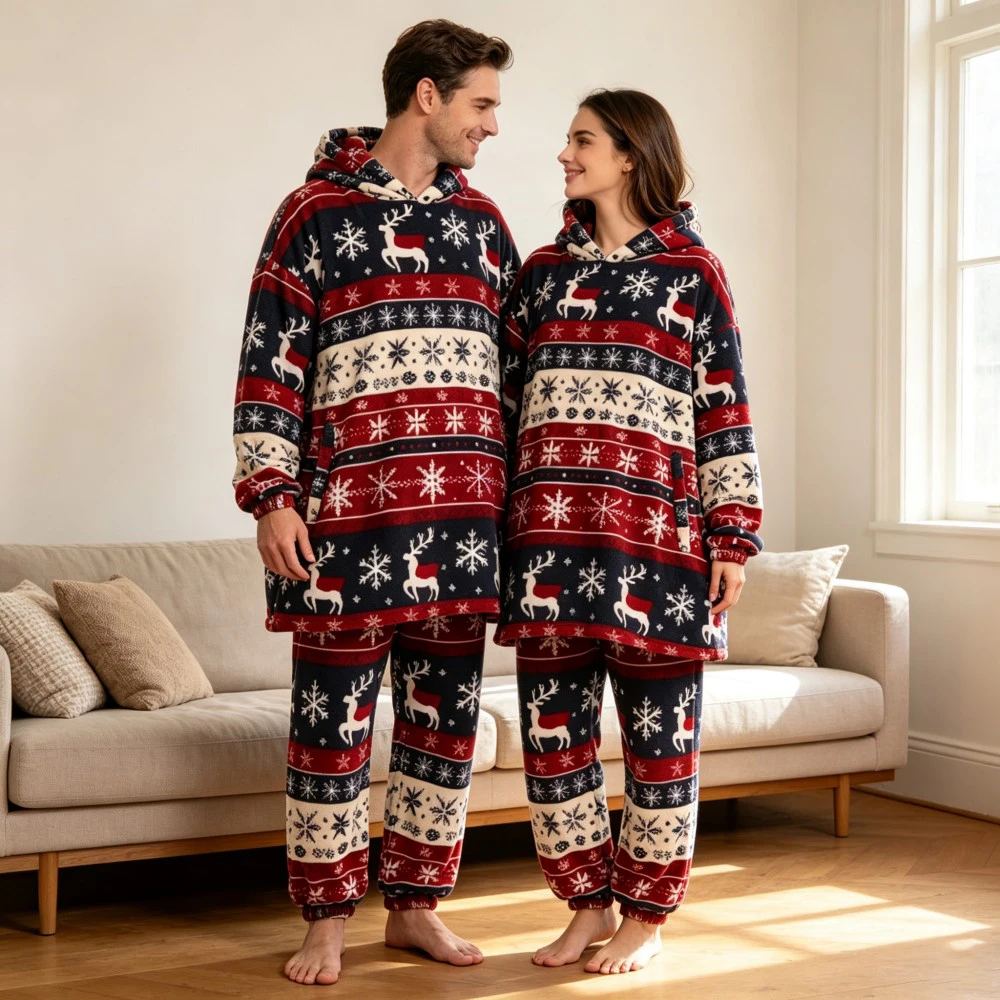 Cute Animal Print Hooded Pajama Set for Couple, Winter Soft Flannel 2 Pieces Sleepwear, Christmas Clothing Set Loose Home Outfit