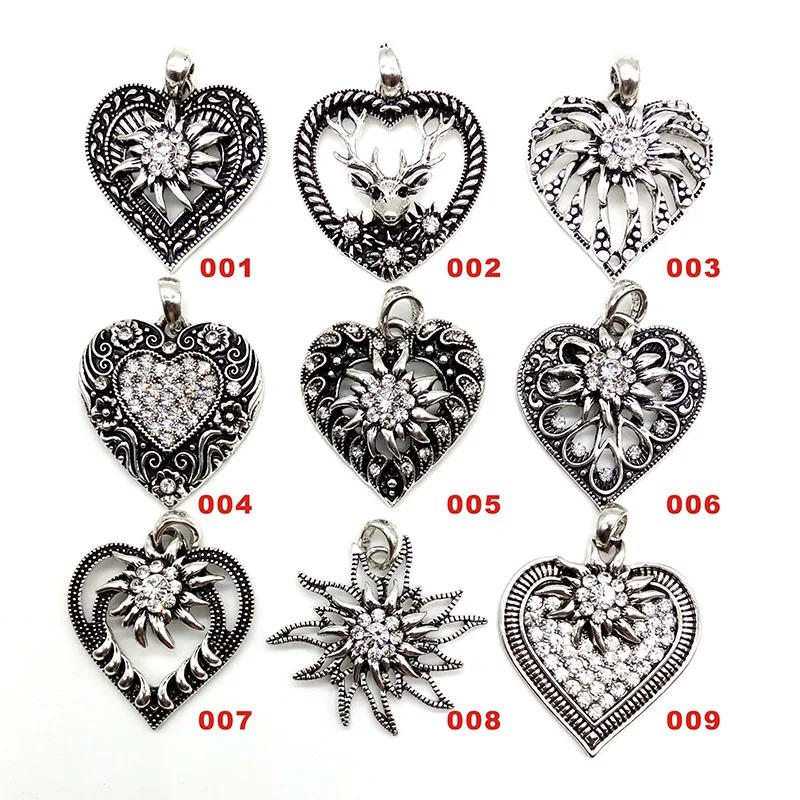 Simple Fashion Black Vintage Silver Color Engraved Heart Shape Edelweiss Flowers Pendants Neckalces for Women Men Jewelry