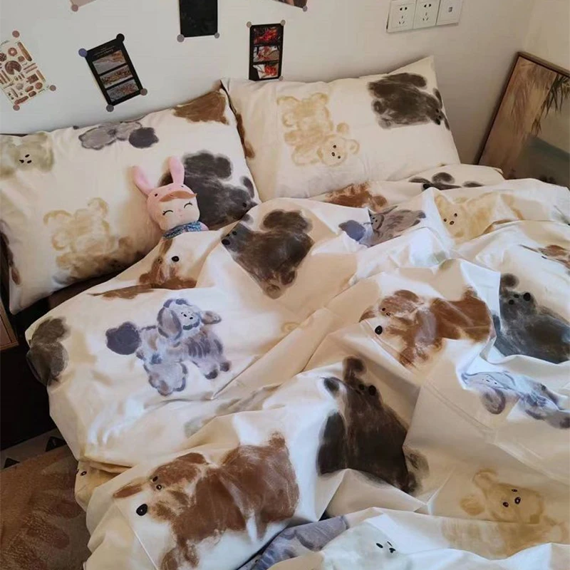 

100% Cotton Bedding Set Cute Cartoon Grey Coffee Puppy Dog Bed 4pcs Dormitory Duvet Sets Bed Sheet Girl Boy Women Men Beddingset