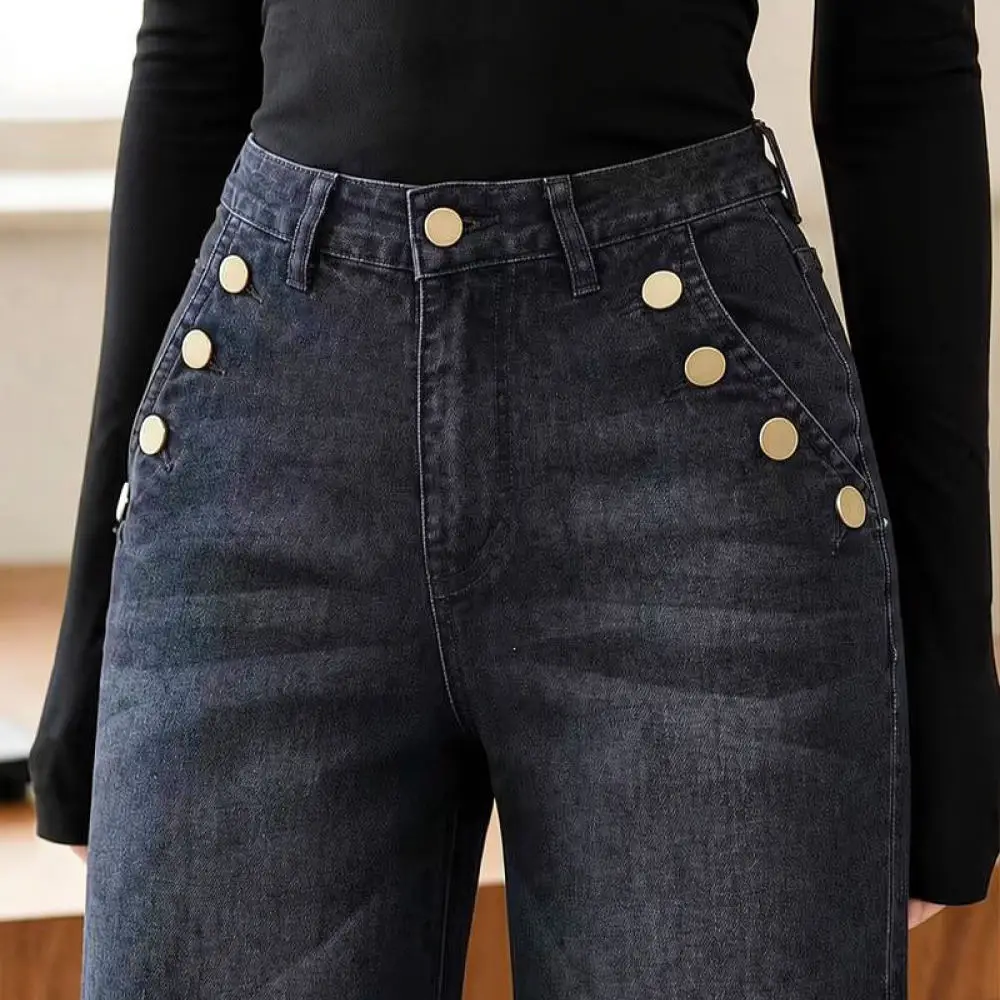 Women Straight Leg Denim Trousers Black Grey Washed Loose Fit Pants With Metallic Buttons Fashion Casual Streetwear Clothing