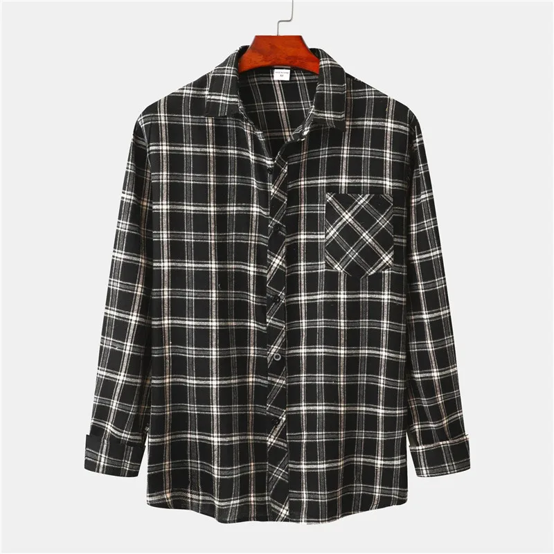 

Men's Slim-Fit Long-Sleeve Casual 2022 Fashion Black And White Plaid Flannel Shirt camisa social luxo masculino