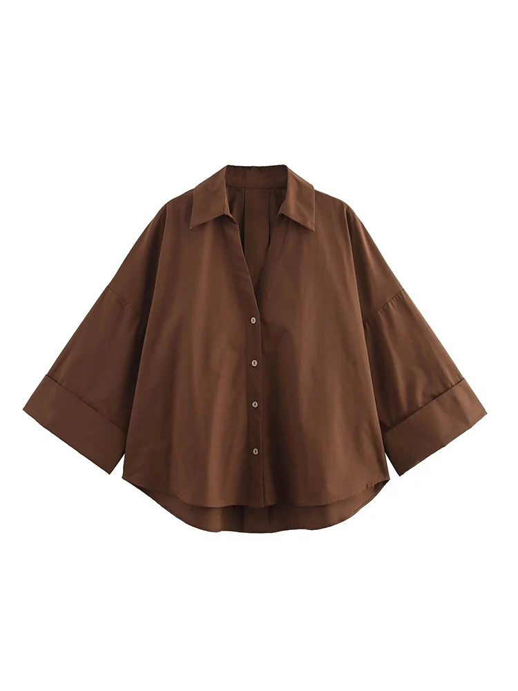 

Women 2024 Spring New Fashion Wide sleeve poplin Blouses Vintage Long Sleeve Button Lapel Collar Female Shirts Chic Tops