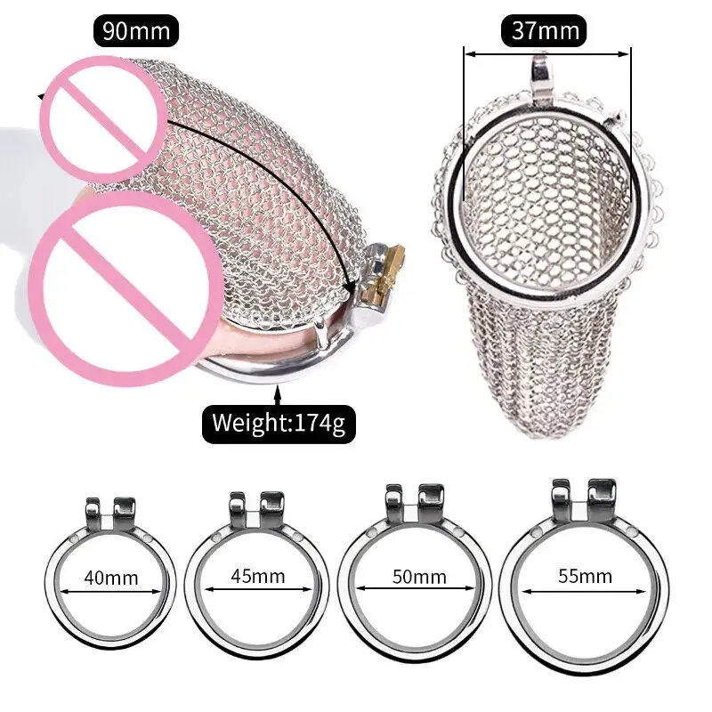 2024 New Stainless Steel Mesh Chastity Cage Male Lock Anti-slip Control Rings Adult Sex Toy