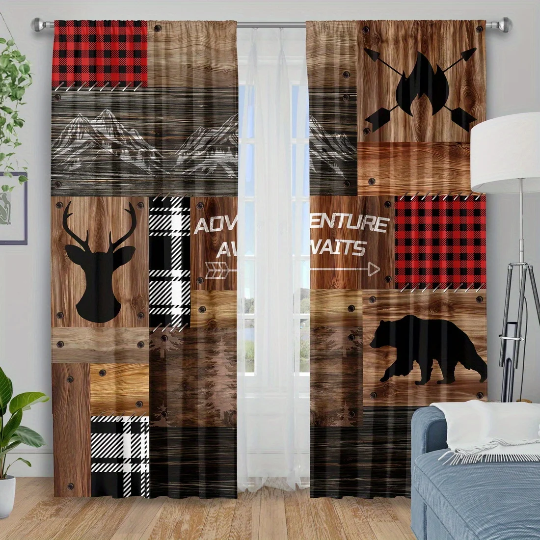 Rustic Wood Plaid Deer Bear Curtain 2 Panels Mountain Fire Arrow Adventure Master Bedroom Print Window Curtain Cabin Hunting