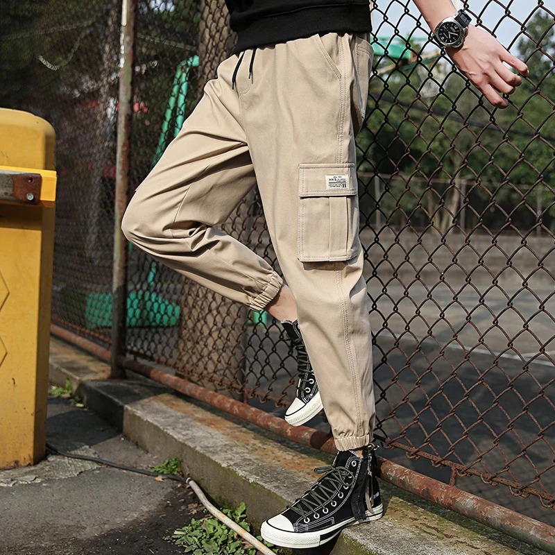 

Drawstring Solid Color Men's Clothing Pockets High Waisted Elastic Cargo Trousers Korean Fashion Spring Autumn Trendy Pants