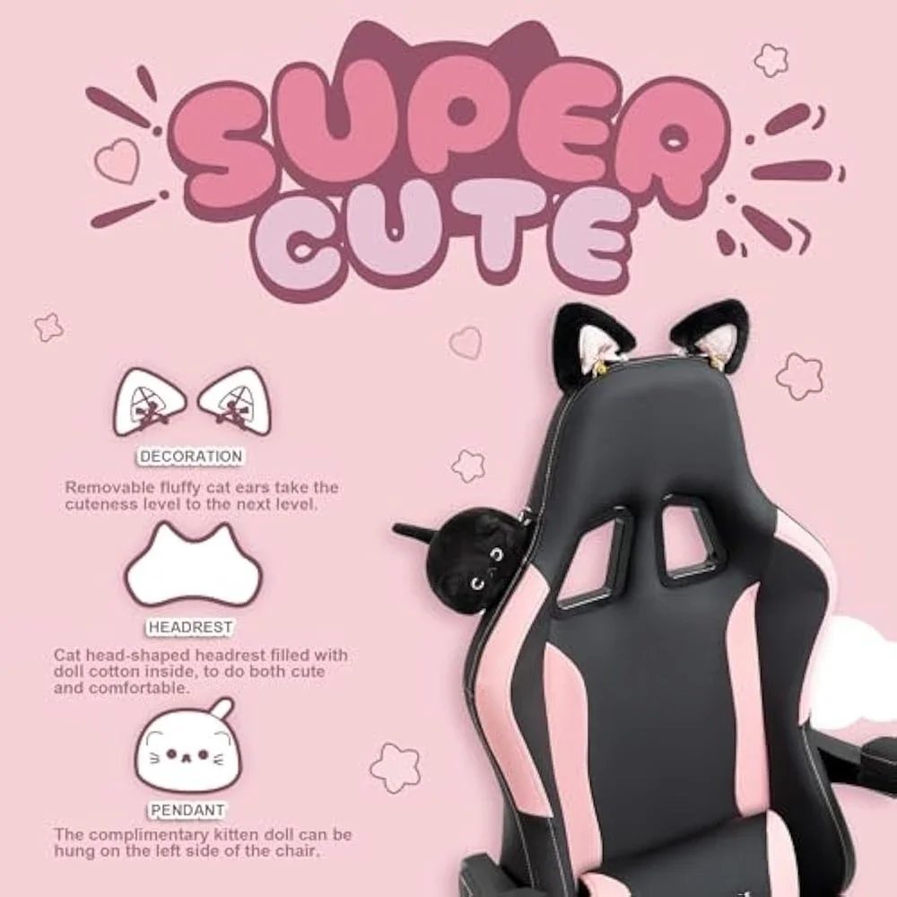 Silla para juegos bonita con orejas de gato y soporte lumbar para masaje, 290 libras, silla ergonómica para ordenador para niña con reposapiés y reposacabezas