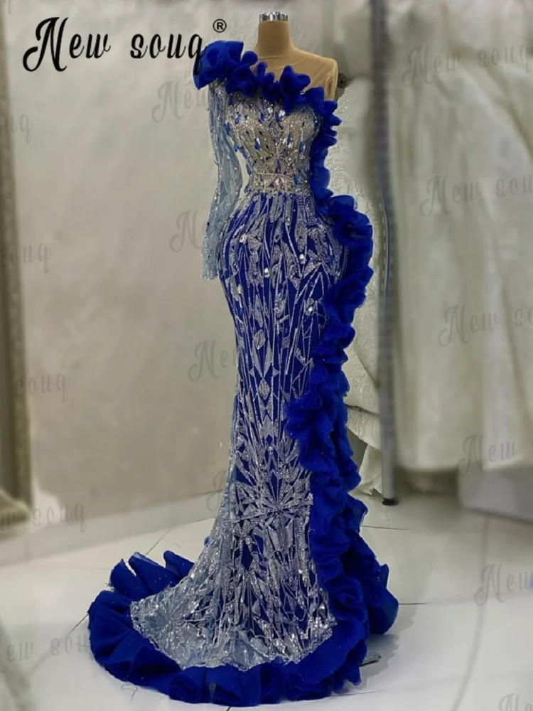 Vestido De noche azul real con cuentas plateadas brillantes con volantes laterales, elegante Vestido De sirena De una sola manga, vestidos De fiesta